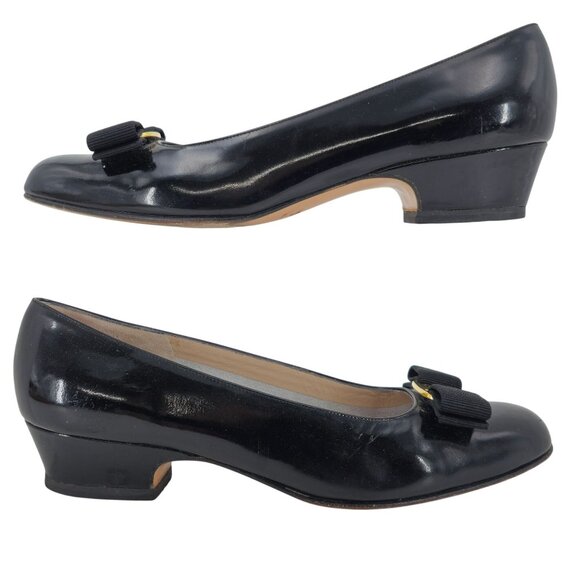 Vintage Salvatore Ferragamo Italy Womens 7B Black Leather Vara Bow Pumps Heels - Picture 3 of 11